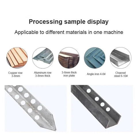 Processing samples of materials showing copper, aluminum, iron plates, angle iron, and channel steel for Heavy Duty Electric Hydraulic Punching Machine Mhp-20.