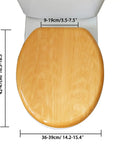 Premium Solid Wood Beech Elongated Toilet Seat With Rock Solid Stainless Steel Hinges For No Sweat Universal Mount, top view showing dimensions.