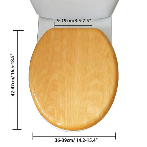 Premium Solid Wood Beech Elongated Toilet Seat With Rock Solid Stainless Steel Hinges For No Sweat Universal Mount, top view showing dimensions.