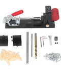 Top Shelf Heavy Duty Aluminum Pocket Hole Jig Kit With Rock Solid Frame For Precision Woodworking Drilling and Slick DIY Furniture Assembly In Any Home Workshop Or Garage Crew Setup showing components including drill bits and screws.
