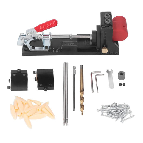 Top Shelf Heavy Duty Aluminum Pocket Hole Jig Kit With Rock Solid Frame For Precision Woodworking Drilling and Slick DIY Furniture Assembly In Any Home Workshop Or Garage Crew Setup showing components including drill bits and screws.