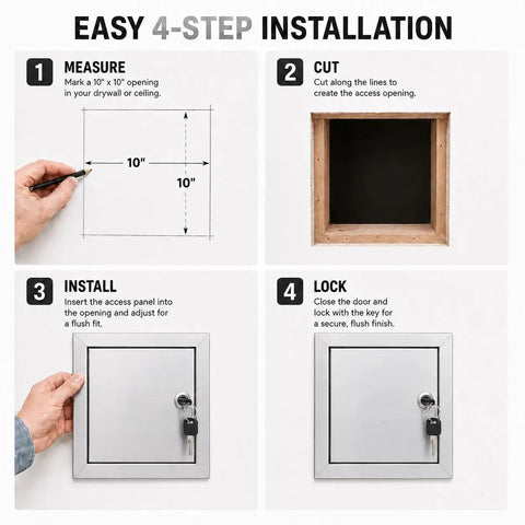 Easy installation steps for Bulletproof 10x10 Stainless Steel Access Panel For Drywall And Ceiling With Hinged Door.