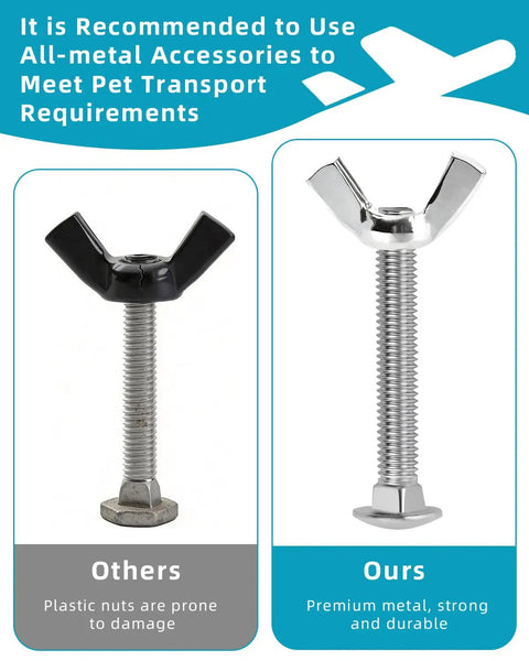 Comparison of plastic and steel bolts, showcasing Badass M5 Replacement Bolts And Butterfly Nuts For Dog Crate Repairs Featuring Slick Steel Fasteners That Actually Grip Tight For Kennel Fixes And Cat Cage Upgrades No Cap.