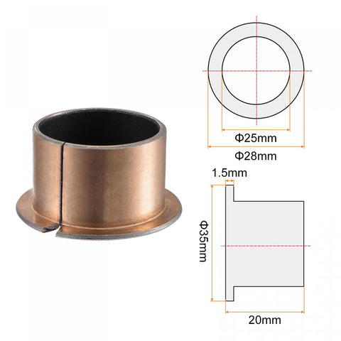 Flanged Sleeve Bearing Set 25mm Bore 28mm OD 20mm Length 35mm Flange Dia 1.5mm Flange Thickness Oilless Bronze Sintered Coated Bushings Dual Pack Carbon Steel Base Low Friction Maintenance Free High Load Capacity, shown with dimensions