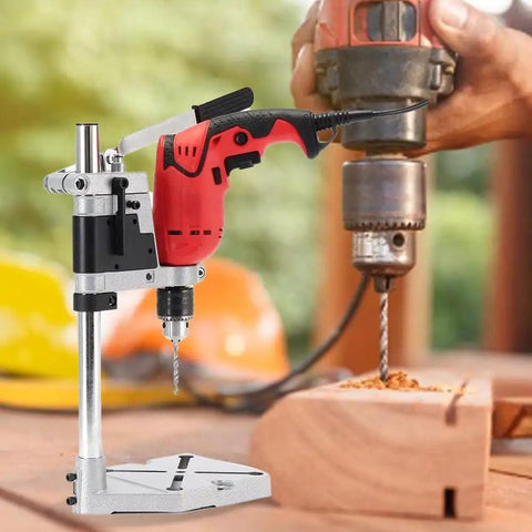 Universal Adjustable Bench Drill Stand Crafted With Slick Aluminum Alloy Plate For Rock Solid Hand Drill Clamping And Hella Smooth Workshop Precision Operation with hand drill in use.