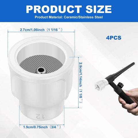 Solid 4 Pc Kit Of White Ceramic #12 TIG Cups With 1/8' Diffuser Mesh For WP TIG Torches, dimensions and material shown.
