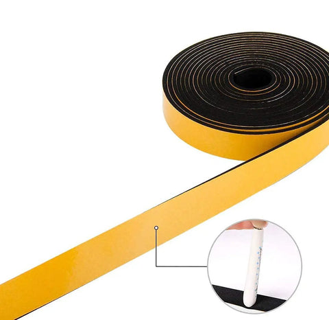 Heavy Duty Neoprene Foam Seal Tape 3 Pack 1/2 Inch Wide By 1/8 Inch Thick 59 Feet Total showing roll and adhesive side for smooth install.