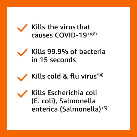 Checkmarks listing disinfecting wipes benefits: kills COVID-19, bacteria in 15 seconds, cold & flu virus, E. coli, Salmonella.