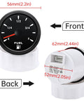 Front and back view of Auto And Marine Gas Gauge 240-33 Ohm 52mm Tank Meter with measurements for cars, boats, marine use.