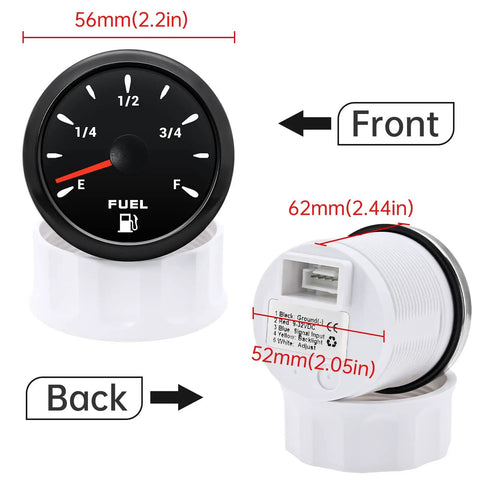 Front and back view of Auto And Marine Gas Gauge 240-33 Ohm 52mm Tank Meter with measurements for cars, boats, marine use.