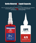 Red 271 Permanent Thread Locker For Nuts And Bolts, Heavy Duty Metal Glue, 1.69 Oz bottle, with LDPE material diagram