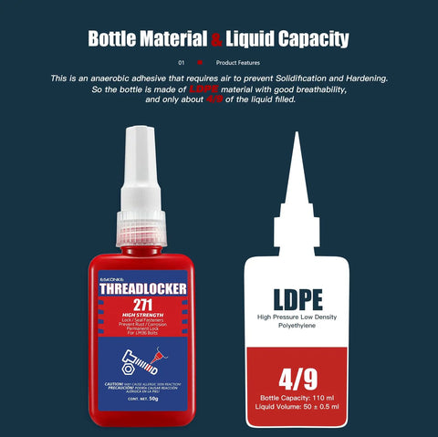 Red 271 Permanent Thread Locker For Nuts And Bolts, Heavy Duty Metal Glue, 1.69 Oz bottle, with LDPE material diagram