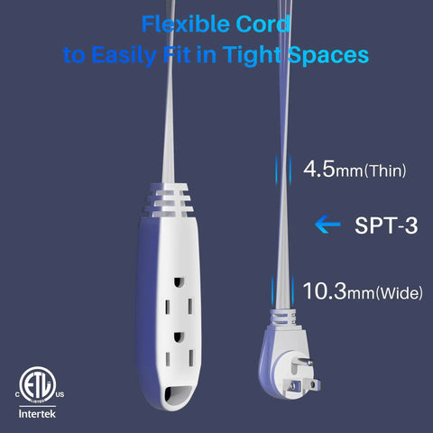 3-Outlet Flat Extension Cord 30 Ft With 16 Gauge Cable, Flat Plug And Angled 3 Prong, Indoor SPT-3 Cord, ETL Listed, White