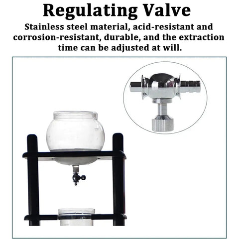 Nailing Your Daily Grind With This Barista Grade Ice Coffee Drip Tower And 1000Ml Glass Brewer showcasing stainless steel regulating valve.