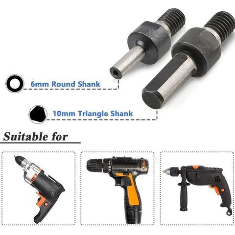 Drill To Angle Grinder Adapter Kit With 6mm And 10mm Arbor Mandrels, suitable for multiple drill types, showing round and triangle shanks