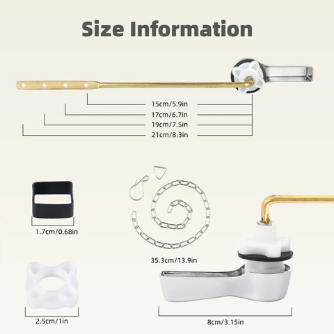 Universal Metal Front Mount Toilet Handle Replacement Kit For Most Tanks, Adjustable Lever With Four Holes displayed with size dimensions.