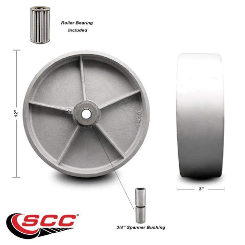 Rock Solid 12 Inch Semi Steel Cast Iron Caster Wheel With Smooth Ride Roller Bearing And Three Quarter Inch Bore Heavy Duty Two Thousand Five Hundred Pound Load Rating Made To Handle Daily Grind Without Skipping A Beat