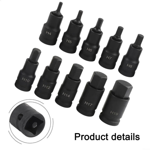 Set of 10 Beefy One Half Inch Square Drive Converter Kit For Impact Wrenches Chrome Vanadium Socket Adapters H4-H19