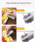Portable Double Function Bag Sealer And Cutter With Usb Cable Total Game Changer For Snack Bags demonstrating sealing and opening functions.