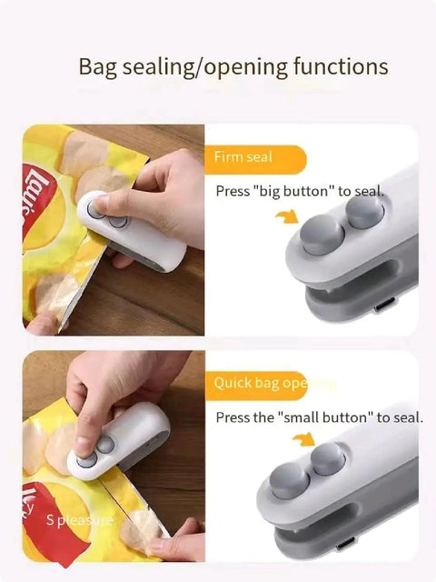 Portable Double Function Bag Sealer And Cutter With Usb Cable Total Game Changer For Snack Bags demonstrating sealing and opening functions.