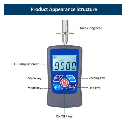 Slick Pocket Sized Digital Fruit Hardness Tester With Dead Accurate Peak Readings And Reliable Buzzer Alarm Perfect For Checking Fresh Pears Grapes And Oranges 0.2 To 30 Kgf Per Cm Squared showing LCD display screen and measuring head.