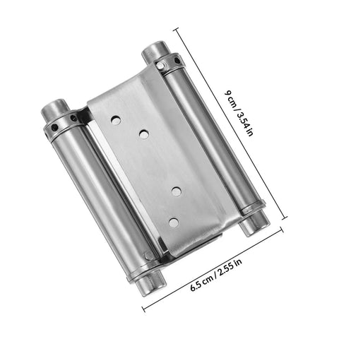 Close-up of Double Action Spring Door Hinges 2 Pack Stainless Steel Heavy Duty Butt Hinges with measurements visible