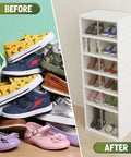 Foldable Six Tier Shoe Rack Organizer With Clear Magnetic Doors Space Saving Holds Up To 12 Pairs Of Shoes Heavy Duty Slim Vertical Cabinet For Bedroom Entryway Or Garage White