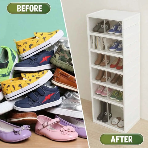 Foldable Six Tier Shoe Rack Organizer With Clear Magnetic Doors Space Saving Holds Up To 12 Pairs Of Shoes Heavy Duty Slim Vertical Cabinet For Bedroom Entryway Or Garage White