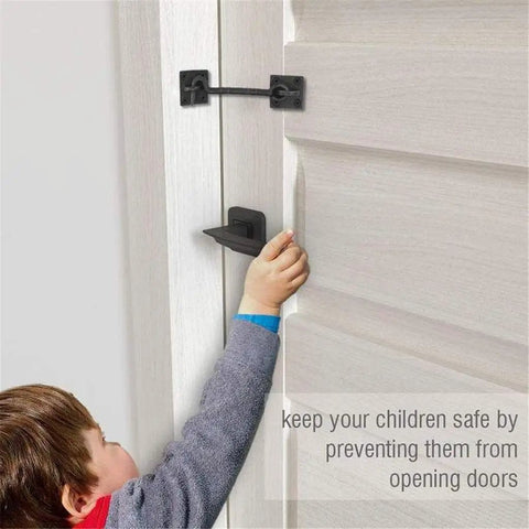 Two Piece Heavy Duty 4 1/2 Inch Sliding Barn Door Hardware Set With Slick Cast Copper Latch Hook And Eye Lock Rust Resistant For Straight Up Secure Wood Doors on door handling by child.