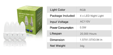 Multicolor LED Night Light Set 4 Pack With Bubble Pattern And Dusk To Dawn Sensor box and four plug-in night lights displayed.