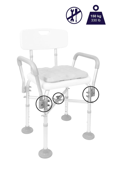 Heavy Duty Shower Chair With Arms And Back For Inside Showers showing double reinforced crossbar and foam cushion