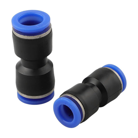 Pro Grade 60 Piece Pneumatic Push To Connect Air Hose Tube Fittings Kit With 4mm 12mm And Inch Size Tube Adapters For Auto Repair Shops Spray Painting And Woodworking Bench Tools Great Value Heavy Duty Pack For Professionals black push-to-connect fittings with blue release rings, shown in two angles
