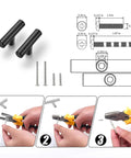 Image shows Matte Black Stainless Steel Cabinet Pulls Two Inch Length Half Inch Diameter One And One Quarter Inch Projection 30 Pack with installation guide.