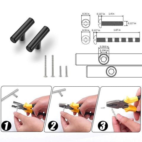 Image shows Matte Black Stainless Steel Cabinet Pulls Two Inch Length Half Inch Diameter One And One Quarter Inch Projection 30 Pack with installation guide.