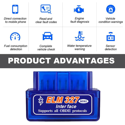 OBD II Bluetooth Car Diagnostic Scanner with ELM327 Code Reader for Android and iOS shown with product features