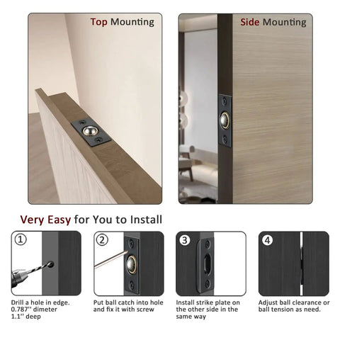Installation guide for Stainless Steel Closet Door Ball Catch Hardware 2 Pack Adjustable with Strike Plate Black Finish.