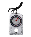 Orienteering Baseplate Compass With 360 Degree Bezel And Magnifier, transparent, black dial and red needle on ruler marked base.