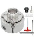 4 Inch Wood Lathe Chuck Set Built To Last With 1 Inch By 8 TPI Thread And 3 Quarter Inch By 16 TPI Adapter Nickel Plated Self Centering 4 Jaw Wood Turning Chuck For Lathe, showing a nickel-plated chuck with an adapter and tools.