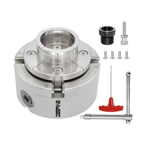 4 Inch Wood Lathe Chuck Set Built To Last With 1 Inch By 8 TPI Thread And 3 Quarter Inch By 16 TPI Adapter Nickel Plated Self Centering 4 Jaw Wood Turning Chuck For Lathe, showing a nickel-plated chuck with an adapter and tools.