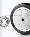 Side view of rugged PU swivel casters with brakes for furniture workbenches and carts showing double ball bearings detail