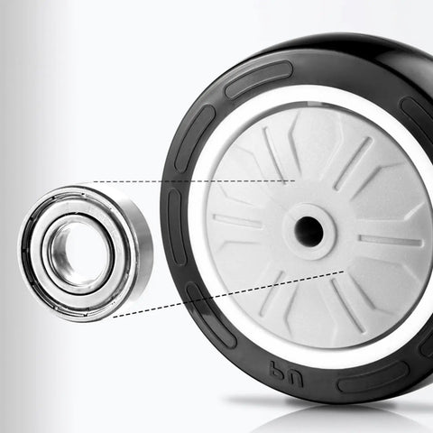 Side view of rugged PU swivel casters with brakes for furniture workbenches and carts showing double ball bearings detail
