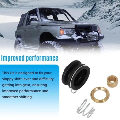 Geo Tracker Suzuki Sidekick Shifter Repair Kit with brass bushings, boot, spring, and vehicle image for 1989-1998 manual transmission