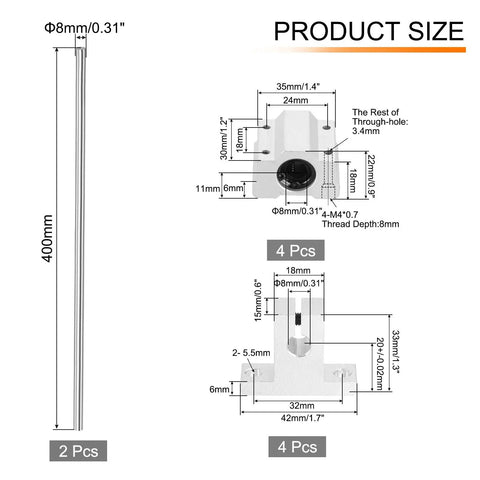 Two Pack 8mm By 400mm Linear Motion Rail Shaft Guide Kit With Four SCS8UU Bearings And Four SK8 Rail Supports For CNC Machines And 3D Printers Silver Finish size diagram