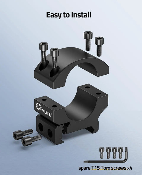 Rock Solid One Inch Low Profile Scope Rings For Standard Picatinny Rails With Locked Down Recoil Stop Precision Rifle Optic Mount Brackets Two Pack Range Ready parts with screws shown.