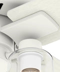 Close-up of Modern 52 Inch Matte White Ceiling Fan With LED Light And Pull Chain Multi Speed WhisperWind Motor Reversible