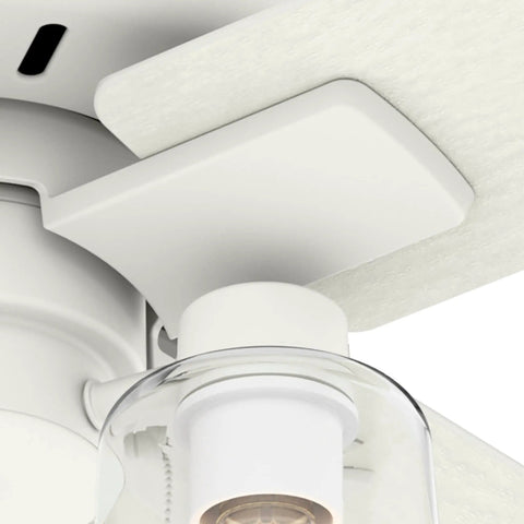 Close-up of Modern 52 Inch Matte White Ceiling Fan With LED Light And Pull Chain Multi Speed WhisperWind Motor Reversible