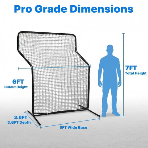 Baseball Z Screen Heavy Duty 7x5ft Portable Pitching Screen dimensions shown next to human silhouette for scale