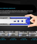 Hand holding 22 Inch Soft Close Drawer Slides With 3 Section Full Extension Ball Bearing, Side Mount, 100 Lb Capacity Drawer Rails.