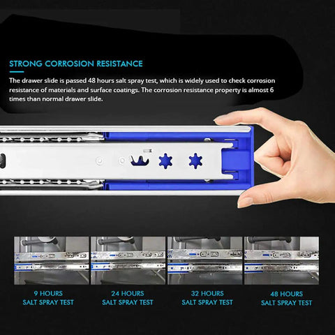 Close-up of Six Pairs Of 12 Inch Soft Close Ball Bearing Drawer Slides Side Mount Three Section Design Heavy Duty 100 Pound Capacity Zinc Plated