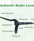 Side view of MTB hydraulic brake lever with aluminum alloy handle and oil hose with protective sleeve.